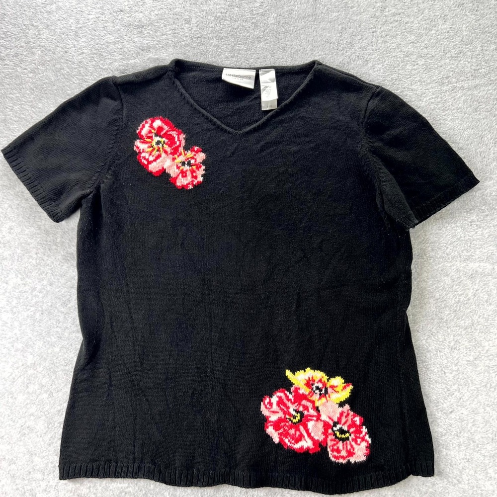 Liz Claiborne Vintage Sweater Top Women Medium Black Knit Floral Short Sleeve